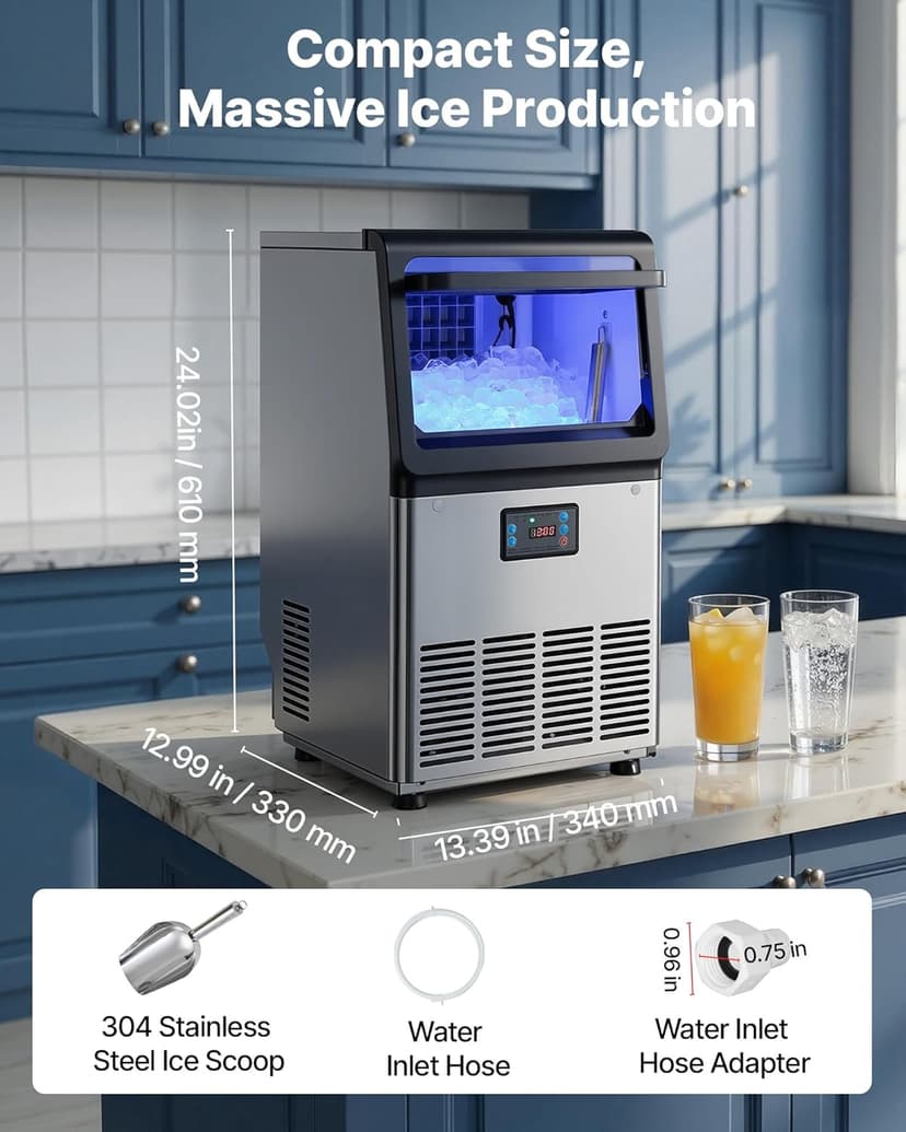 VEVOR Commercial Ice Maker Machine, 265 lbs/24h with 85 lbs Storage Capacity, Built-in/Freestanding/Under Counter, Stainless Steel Ice Maker with LED Display & Self-Cleaning, for Home Bar Restaurant