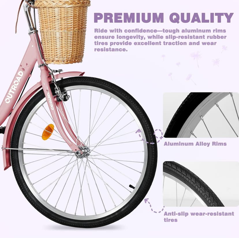 Beach Cruiser Bike for Adult, 24 & 26 Inch Comfort Bikes with Rattan Front Basket, Womens Bicycle with Adjustable Seat and Dual V-Brake (Pink & White & Green & Purple & Black)