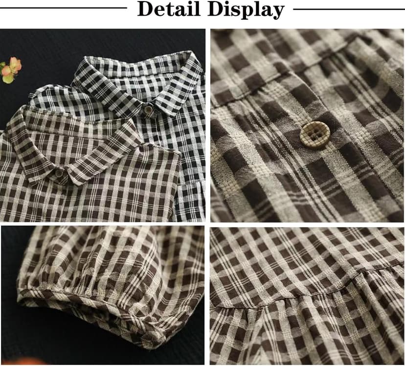 FEUSEUZ Korean Style Summer Shirt Women's Retro Cotton Linen Checkered Shirt Women's Loose Casual Short Sleeved top