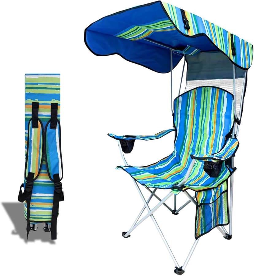 Camping Chair with Adjustable Canopy Shade, Portable Folding Chair with Cup Holder & Side Pocket for Beach, Fishing, Camping - Support 330 LBS (Streak)