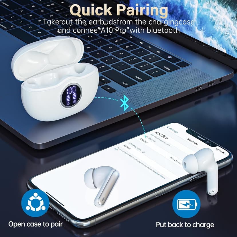 Fhumsh Wireless Earbuds, Bluetooth 5.3 Headphones HiFi Stereo 50H Playback LED Digital Display Ear Buds with ENC Noise Canceling Headset, IPX7 Waterproof Earphones for Gym/Running/Work (White)