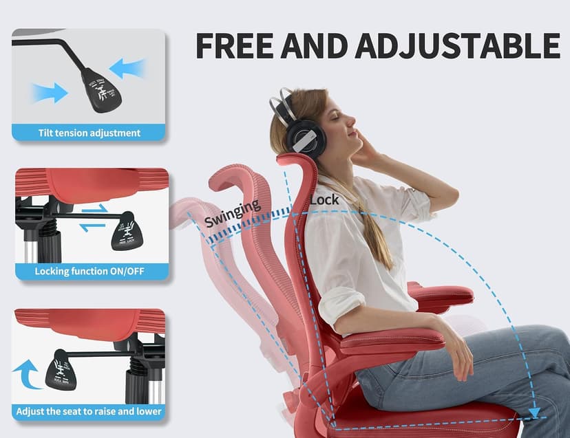 TRALT Ergonomic Office Chair - Desk Chair with Wave High Back Adjustable Lumbar Support Computer Chair - Gaming Chairs Mesh Backrest and PU Leather Seat (RED)