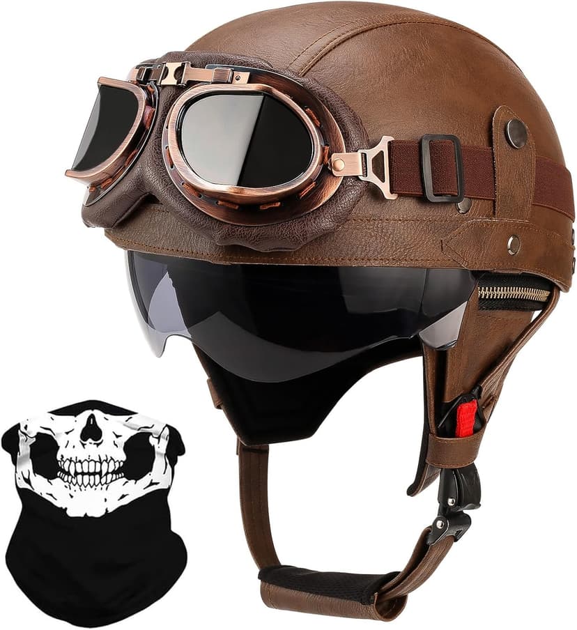 German Style Leather Motorcycle Half Helmet for Adults Men Women, DOT Approved Vintage Cap Half Face Shell Motorcycle Helmets for Cruiser Chopper+Goggles