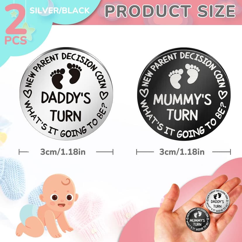 Hicarer 2 Pcs Funny Baby Gift New Parents Decision Coin New Mom Gifts Double Sided Decision Making Coin New Pregnancy Gift for First Time Mom Dad Push Present for Christmas(Silver and Black) B098QGPPJ6