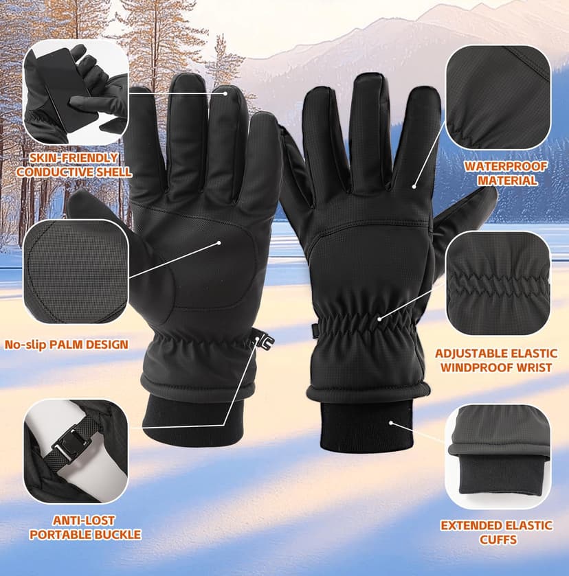 Jeniulet Waterproof Winter Gloves for Men Warm Ant-slip Touchscreen Ski Snow Cycling Running Cold Weather Long Fleece Lining