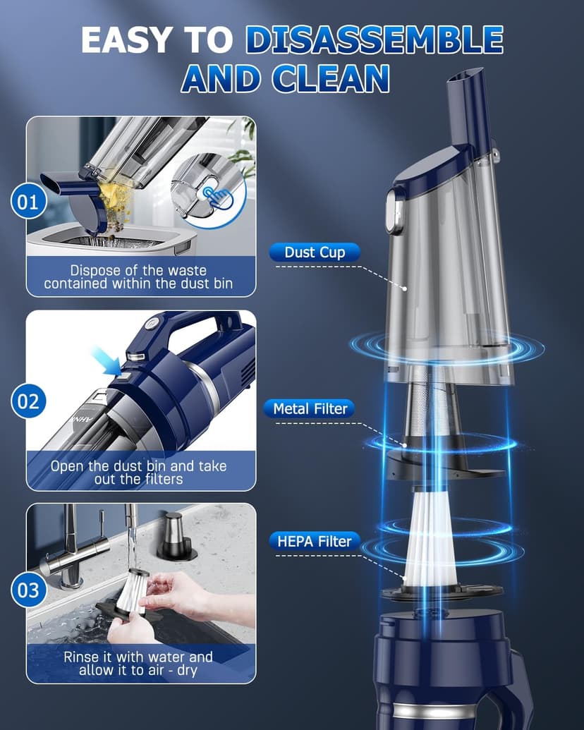 AHNR Handheld Vacuum Cordless, 16000PA Powerful Suction Hand Held Vacuum Dust Busters Cordless Rechargeable with LED Light & 2 HEPA Filters, Portable Car Vacuum Cleaner High Power for Car Home Office