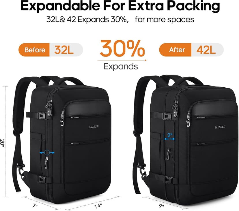 Bagsure Travel Backpack Carry On Backpack 42L Flight Approved, Expandable Laptop Backpack with Packing Cubes & Shoe Pocket, Water Resistant Luggage Backpack for Men Women, TSA Approved, Large Backpack