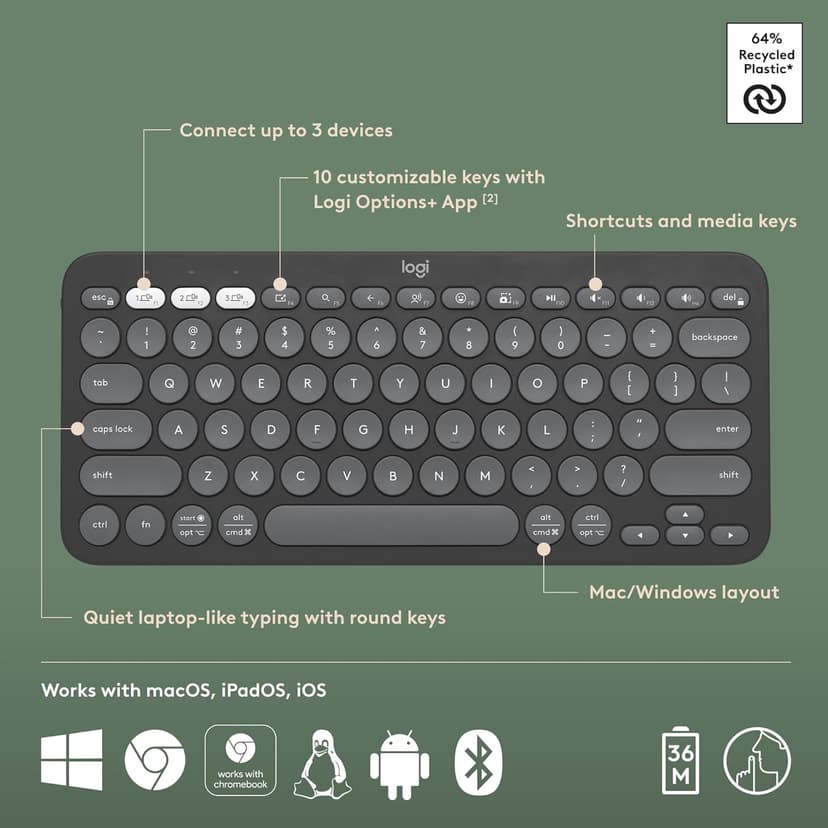 Logitech Pebble Keys 2 K380s, Multi-Device Bluetooth Wireless Keyboard with Customizable Shortcuts, Slim and Portable, Easy-Switch for Windows, macOS, iPadOS, Android, Chrome OS - Tonal Graphite