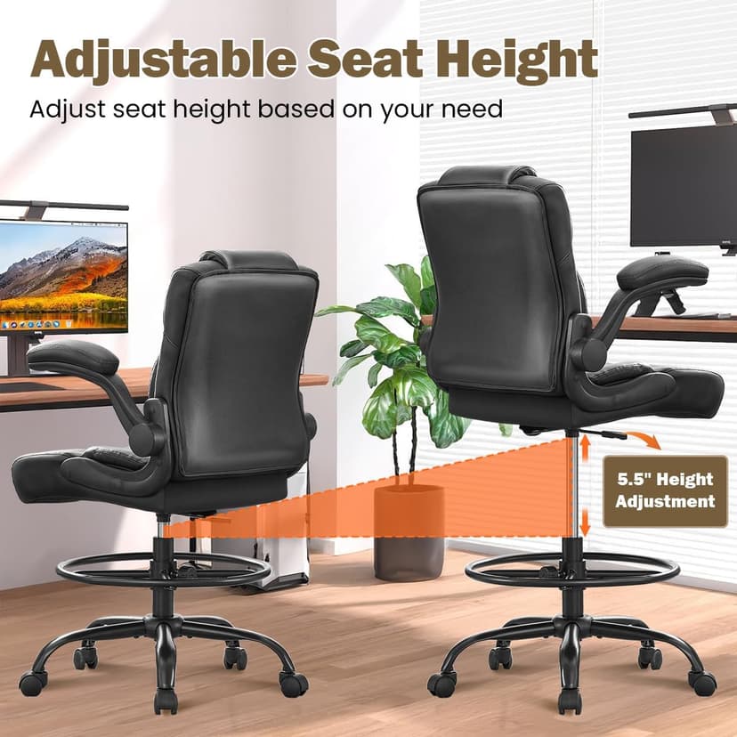Ergonomic Drafting Chair,Tall Office Chair for Standing Desk with Flip-Up Armrests,Adjustable Foot Ring & Height, High Leather Executive Office Chair for Home,Drawing or Counter Height Use