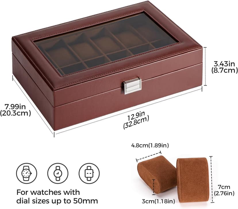 ProCase ProCase Watch Box Organizer, 12 Slot Watch Display Case With Glass Lid, Watch Storage Holder Mens Watch Case, Anniversary Birthday Valentine Gifts for Men Women -12 Slot, Brown