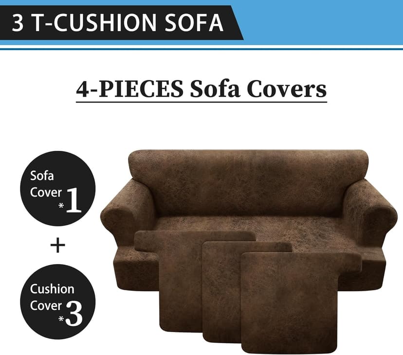 Pfrstuv 4-Piece T Couch Cover - Leather Look Slipcovers for 3 Cushion Sofa, Brown