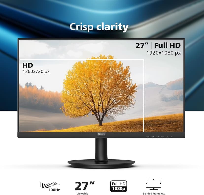 Philips New 27-inch Class Thin Full HD (1920 x 1080) 100Hz Monitor, VESA, HDMI x 1, VGA Port x1, Eye Care, 4 Year Advance Replacement Warranty, 271V8LB, Black