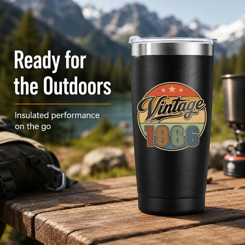 Vintage 1966 20 oz insulated tumbler for a 60th birthday; 18/8 stainless steel, leak-resistant lid, 6h hot/12h cold. 60th Birthday Gifts for Men 20oz Vintage 1966 Tumbler B0HDN44TTW