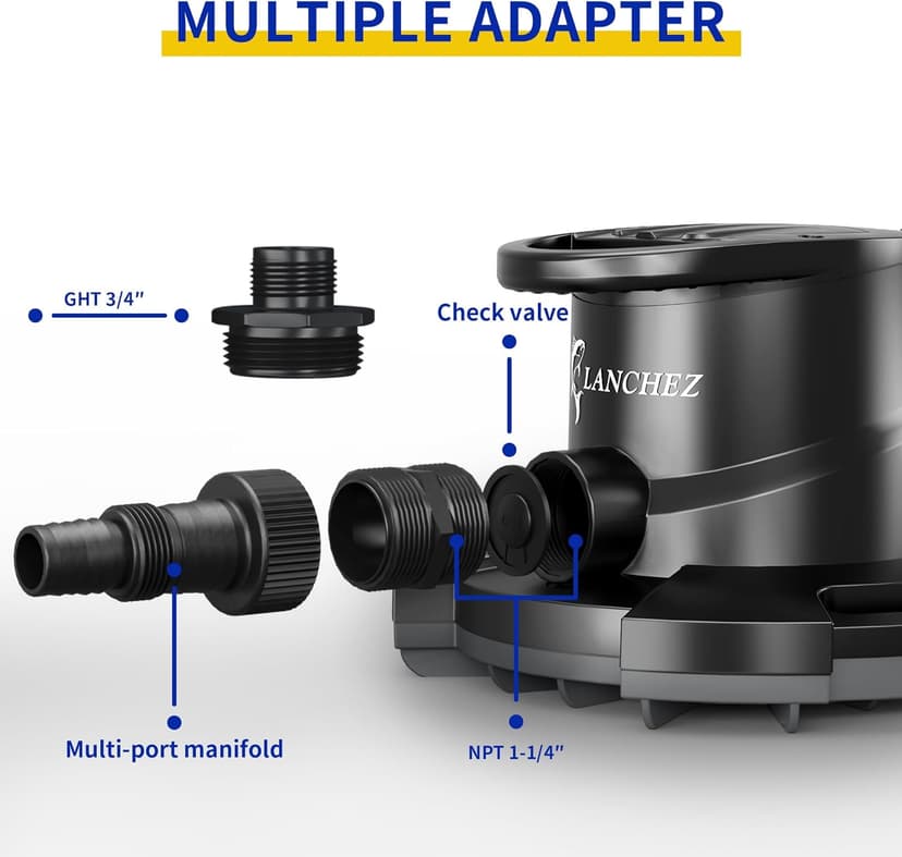 LANCHEZ 1/2HP Automatic Pool Cover Pump, 2250GPH Submersible Water Sump Pump with Check Valve & 3 Adapters, 25ft Power Cord, Removal for Swimming Pool, Hot Tubs, Rooftops and more,Black