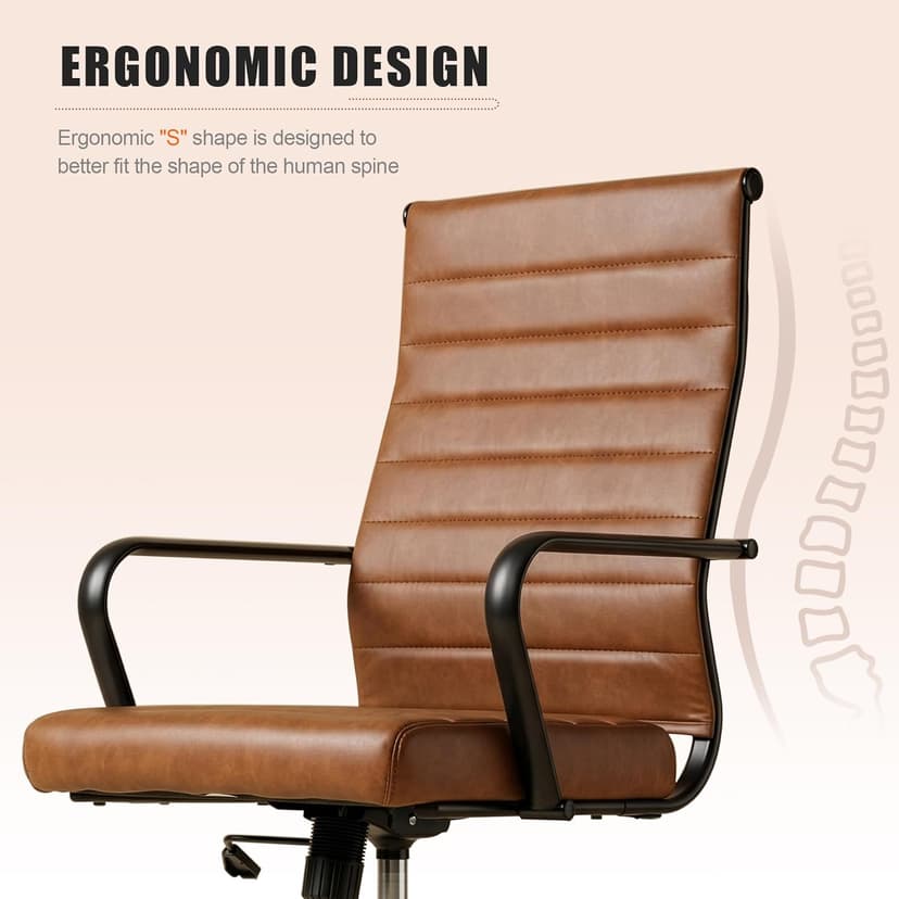 Okeysen Leather Office Desk Chair, Mid-Century Modern Leather Conference Room Chairs, Ergonomic Executive Ribbed Height Adjustable Swivel Rolling Chair for Home Office.