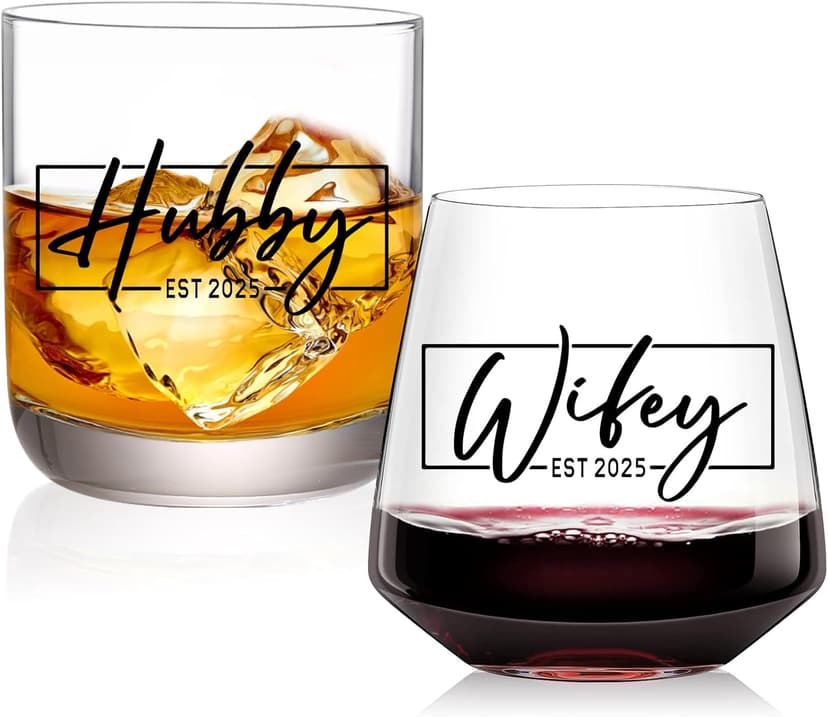 Christmas Gifts for Couples 2025,Wedding Gift, Wifey and Hubby Glasses Set,Bridal Shower Gifts for Bride and Groom, Newly-Married Anniversary for Him and Her，Mr and Mrs Gift，His and Hers Glass