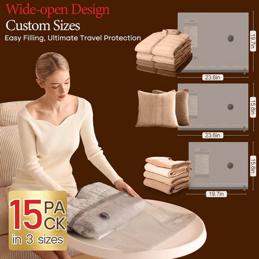 Vacuum Bags for Travel with Rechargeable air Pump, 15 Pack Carry-on Size Compression Packing Bags for Luggage and Suitcase, Space Saver for Clothes and Clothing Travel