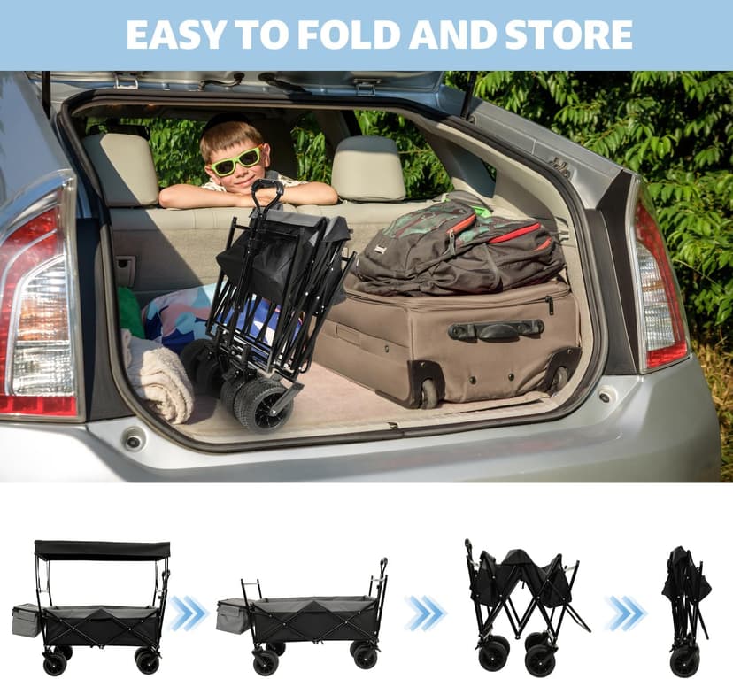 480Lbs Collapsible Wagon with Canopy Steel Black Large Capacity for Camping, Shopping, Sports, Garden Use Mosquito Net Outdoor-Ready