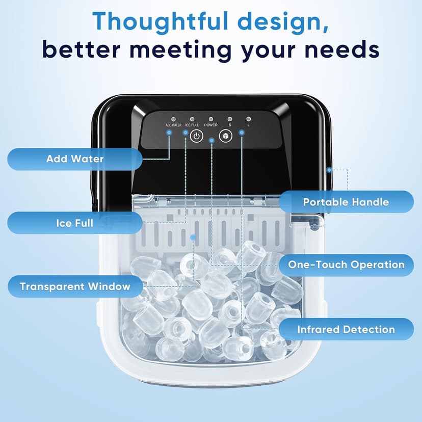 NEWBULIG Ice Maker, Countertop Ice Machine with Handle, 9 Bullet Cubes in 6~8 Mins, 26lbs Daily, Self-Cleaning with Basket and Scoop for Home/Kitchen/Camping/RV