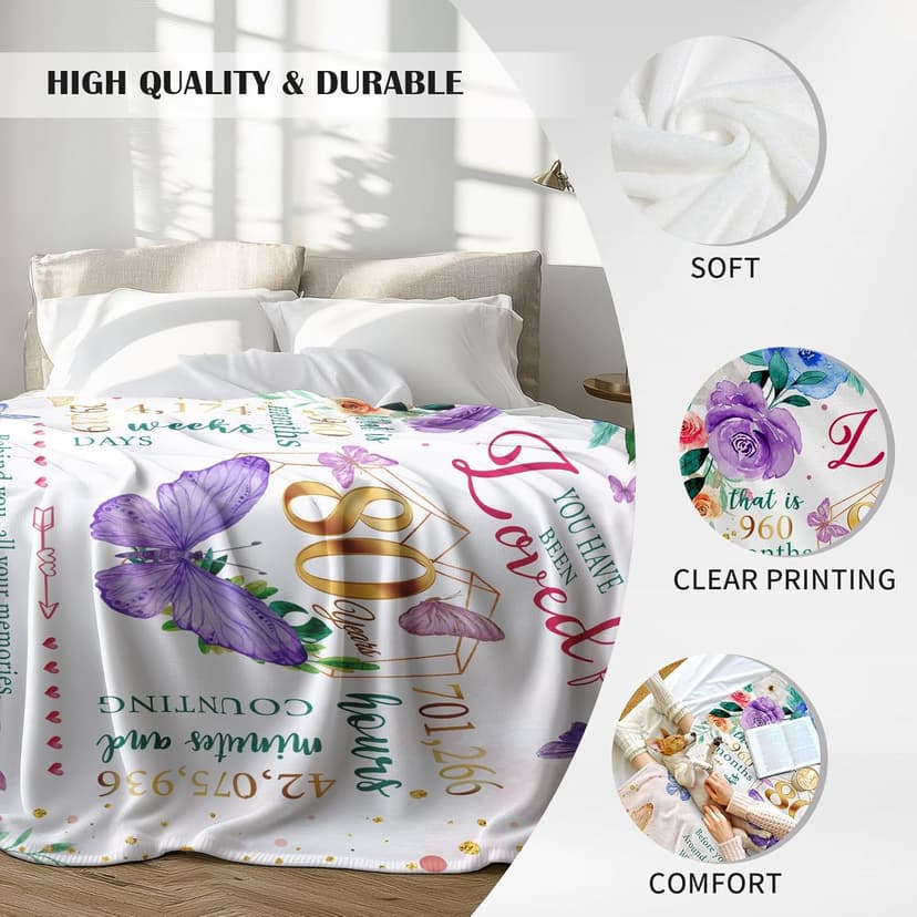 ZWERIVP 80th Birthday Gifts for Women, Best Present for 80 Year Old Woman Birthday, 1945 Present for Women Mom, Happy 80yr Bday Gifts Ideas, 80th Woman Bday Decorations Throw Blanket 50"X60"