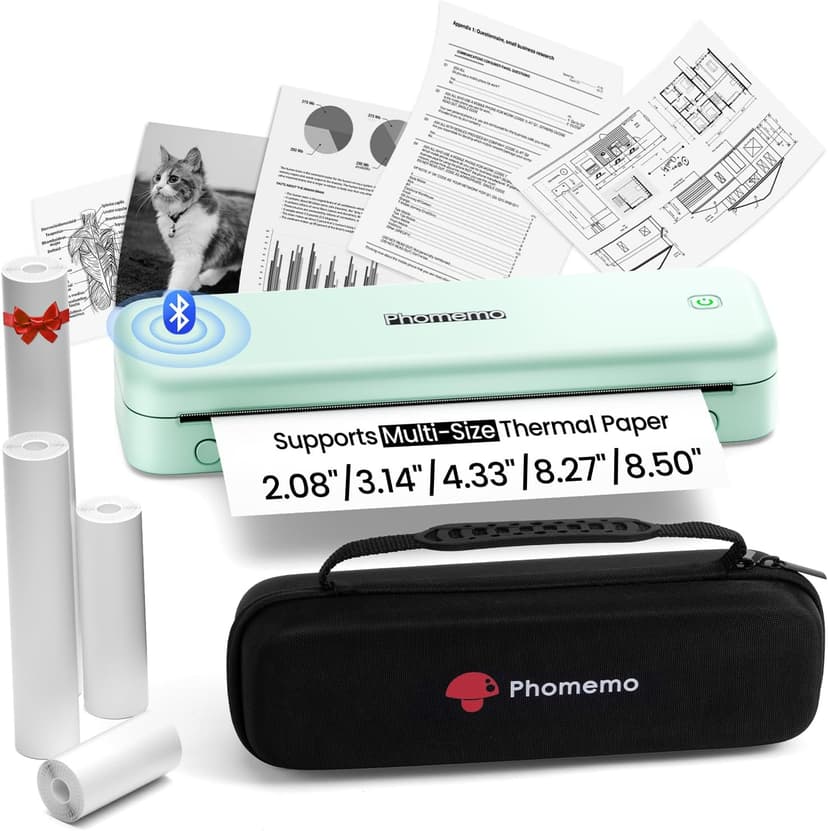 Phomemo Portable Printers Wireless for Travel Upgraded, M834 Bluetooth Label Printers 8.5" x 11"& A4 Size,Desktop Label Printers with Carry Case for Travel,Office,School,Car,Home,Light Green