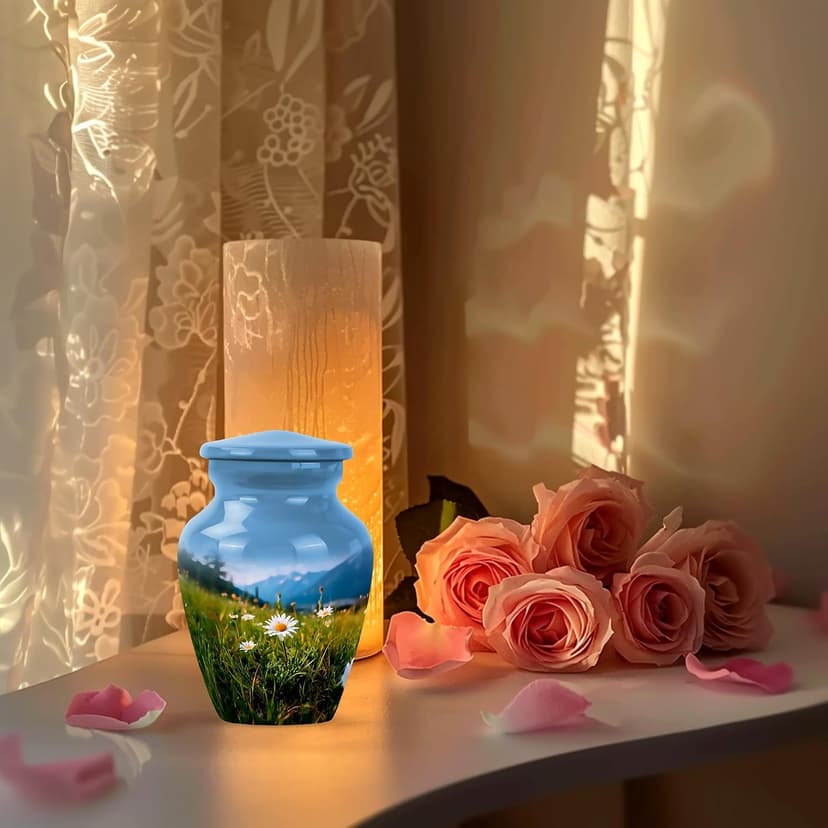 Blue Small Funeral Urn for Ashes for Women and Men Remains - Decorative Travel Urn for Mother and Father Cremation 3 Inch Daisy Burial Urns for Adult Human Ashes B0FJY7YYJ6