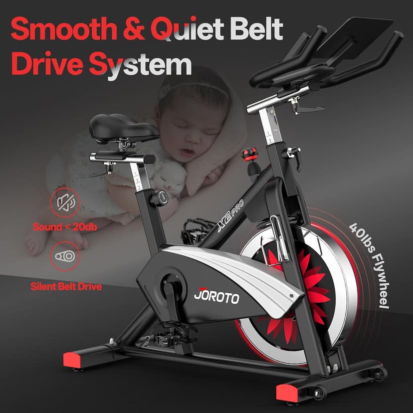 JOROTO Exercise Bike, Magnetic Stationary Bikes for Home with 40LBS Flywheel, App Supported Indoor Bike with 350LBS Weight Capacity, Low Noise,Digital Monitor,Bottle and Tablet Holder