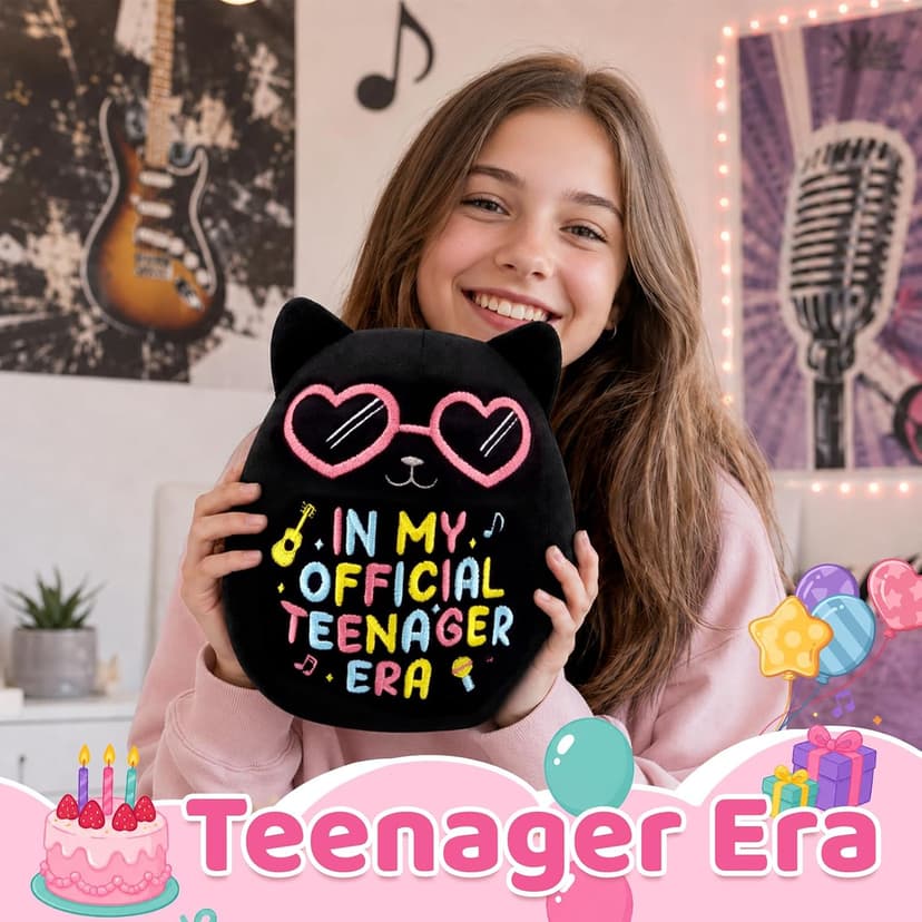 In My Official Teenager Era Gifts, 8" Soft Cute Plushie for Teens Birthday Party Decor 13 Year Old Girl Gifts, Black Cat Birthday Stuffed Animal B0GYX9123J