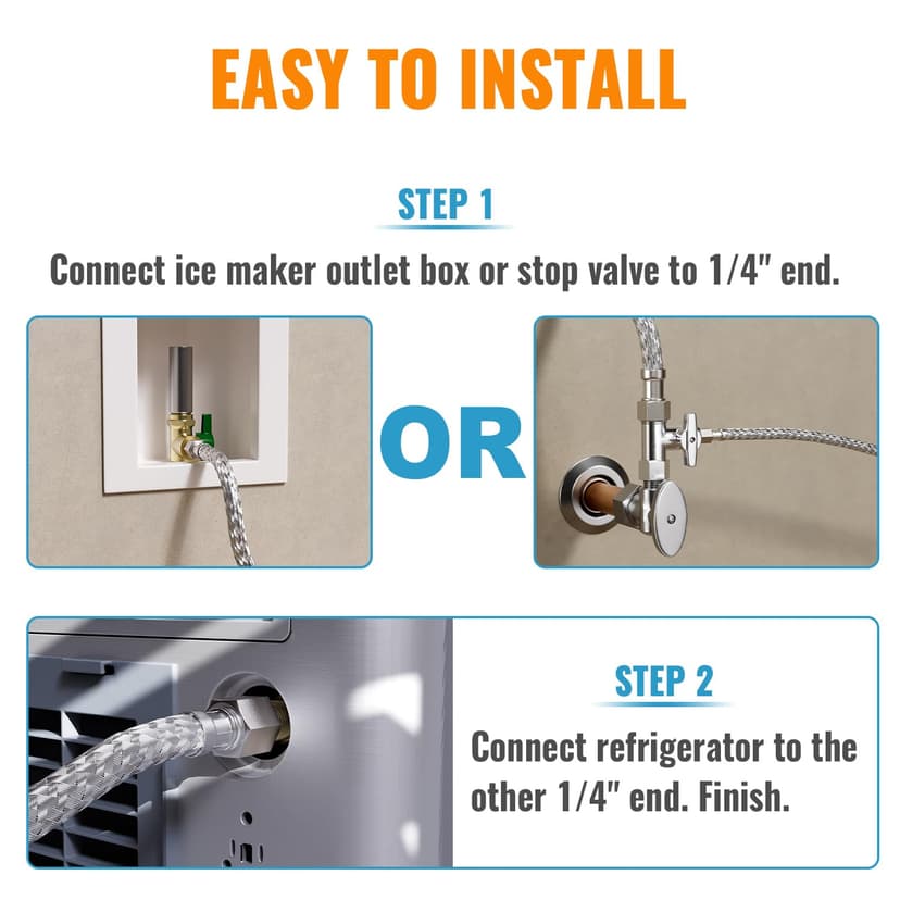 SUNGATOR 5 Feet Refrigerator Water Line, 1/4" Comp X 1/4" Comp Ice Maker Hose, 5 Feet Stainless Steel Braided Ice Maker Water Supply Line with A Wrench and Sealing Tape (1 Pack)