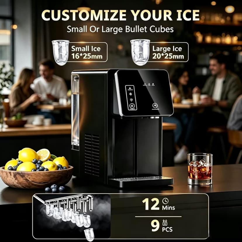 Cowsar 2-in-1 Countertop Ice Maker with Water Dispenser, 26lbs/24H, Fast 9 Ice in 8 Mins, 2 Sizes of Bullet Ice Machine with 3.3L Removable Water Tank for Home, Kitchen,Office