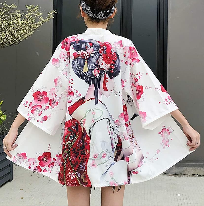 LAI MENG FIVE CATS Women's Floral Print Puff Sleeve Loose Blouse Japanese Kimono Cover up Casual Cute Tops