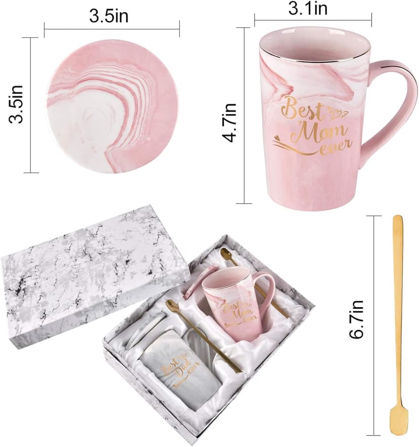 YHRJWN Mom and Dad Gifts, Best Dad and Mom Mug, Christmas Birthday Gifts for Parents from Daughter Son New Parent Couple Gift Set, Christmas 14 Oz Coffee Mug with Gift Box Coaster Spoon