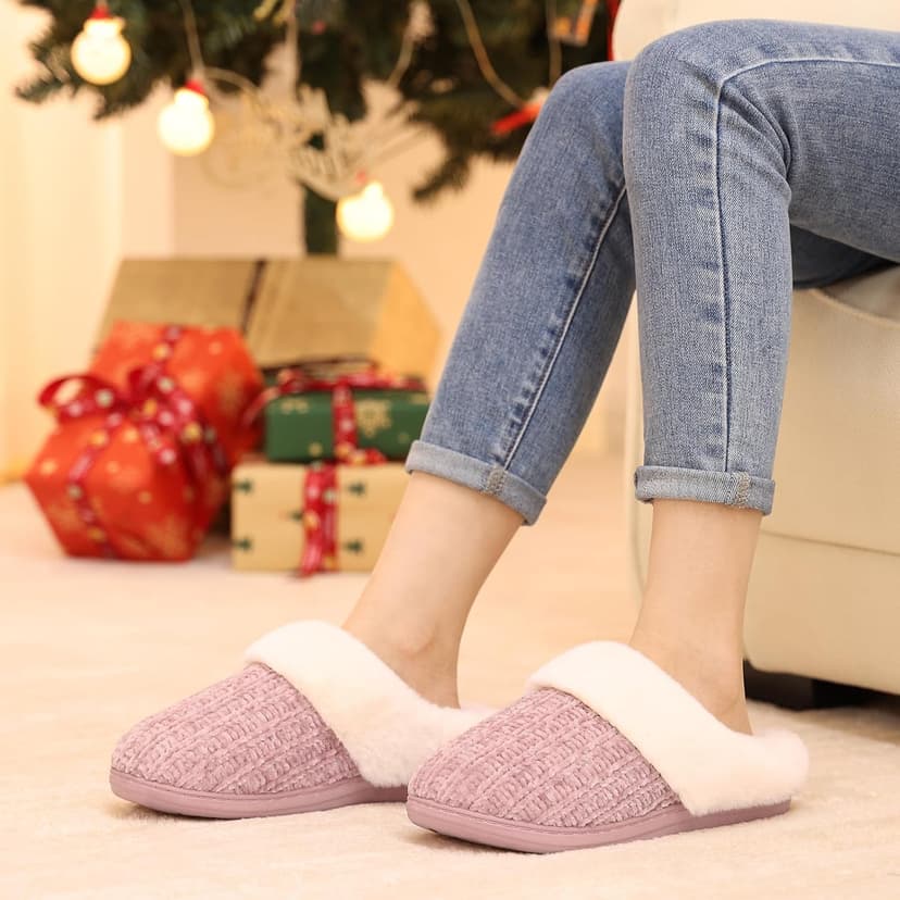 Evshine Warm Knit House Slippers for Women Comfy Wool-Like Lined Chenille Slippers with Memory Foam and Indoor Outdoor Soles