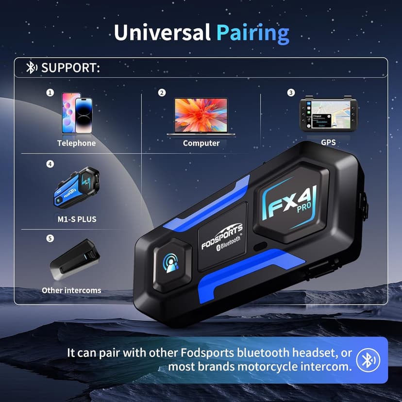 Fodsports FX4 Pro Motorcycle Bluetooth Headset, 4 Riders Group Motorcycle Intercom, 1200m Helmet Communication System with Hi-Fi Music/FM/Auto Call/Voice Control, Universal Pairing(Blue FX4 Dual)