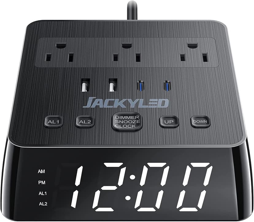 JACKYLED Alarm Clock with 4 USB Chargers Power Strip 3 Outlets 1700J Surge Protector Nightstand Dimmable Digital Clock with Dual Alarm and Snooze Function for Bedroom, Full Screen LED Display