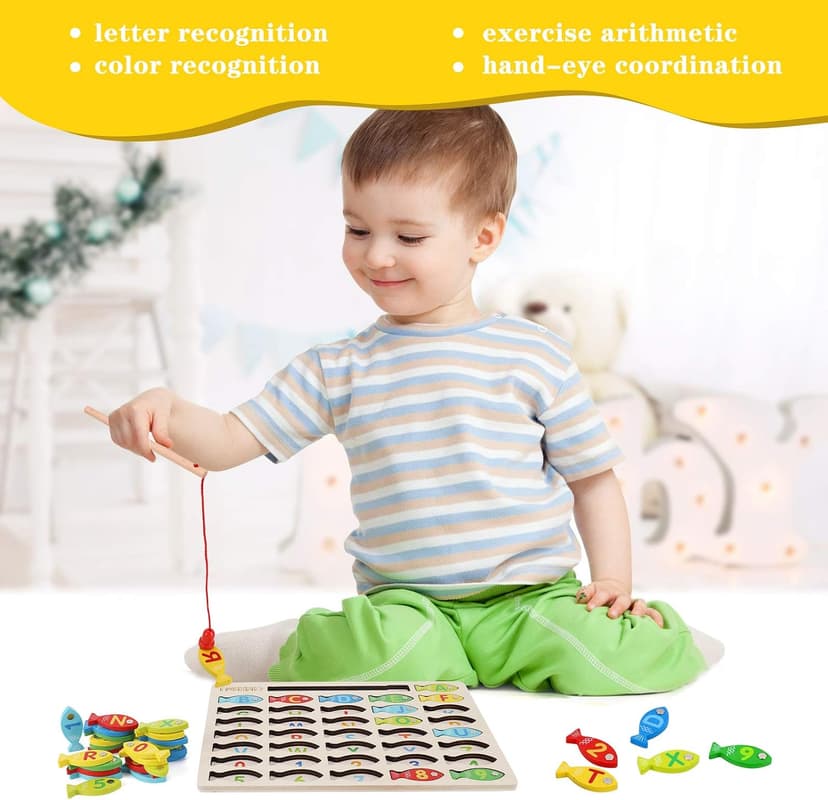 Magnetic Wooden Fishing Game Toy for Preschoolers, Alphabet Fish Catching Counting Games Puzzle with Numbers and Letters, Preschool Learning ABC and Math Educational Toys for 3 4 5 Years Old Kids B08JLSR6RN