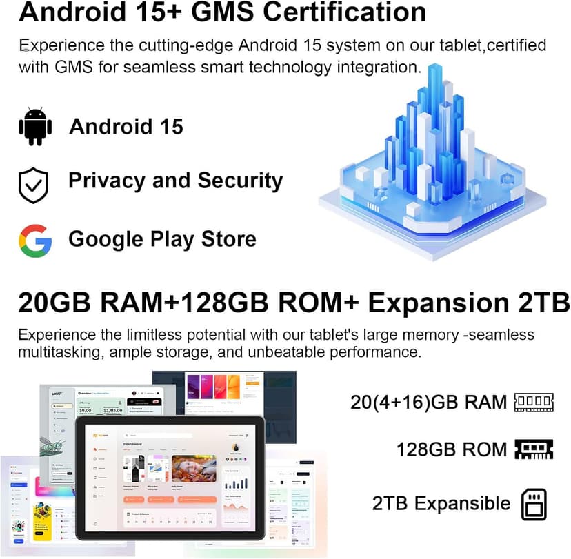 CUPEISI Android 15 Tablet 10 Inch, 20GB RAM+128GB ROM/2TB Expandable, 2.0GHz Quad-core Processor, 1280*800 HD Screen, 5G WiFi6 BT 5.0, 2 in 1 Tablets with Keyboard Case Mouse Stylus, Widevine L1 Black