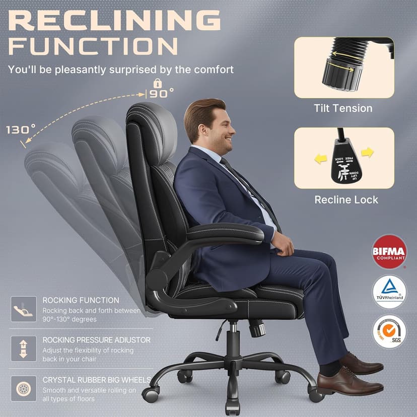 Office Chair-Executive High Back Breathable Big and Tall Office Chair Flip-up Armrests Lumbar Support-Ergonomic Leather Rolling Swivel Chair with Rock Function for Working Studying Gaming,Black