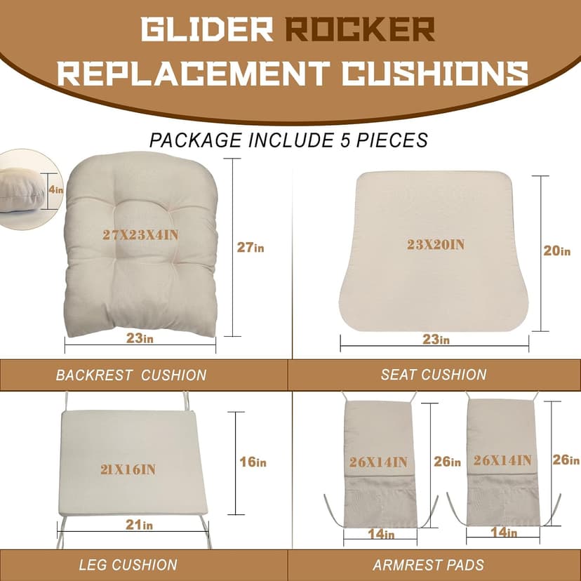 Glider Rocker Replacement Cushion Set with Storage Pockets Breathable Fine Linen Fabric & High-Resilience Foam Non-Slip Back Rocking Chair Cushion for Living Room Rocking Chair(Beige)