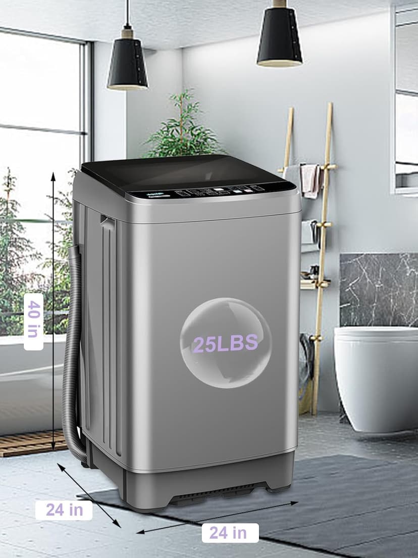 Full-Automatic Washing Machine 25 lbs Portable Washer 10 Wash Program & 8 Water Level with LED Display，Drain Pump, Come with a Glass Cover, Ideal for Apartments, RV, Camping, Grey