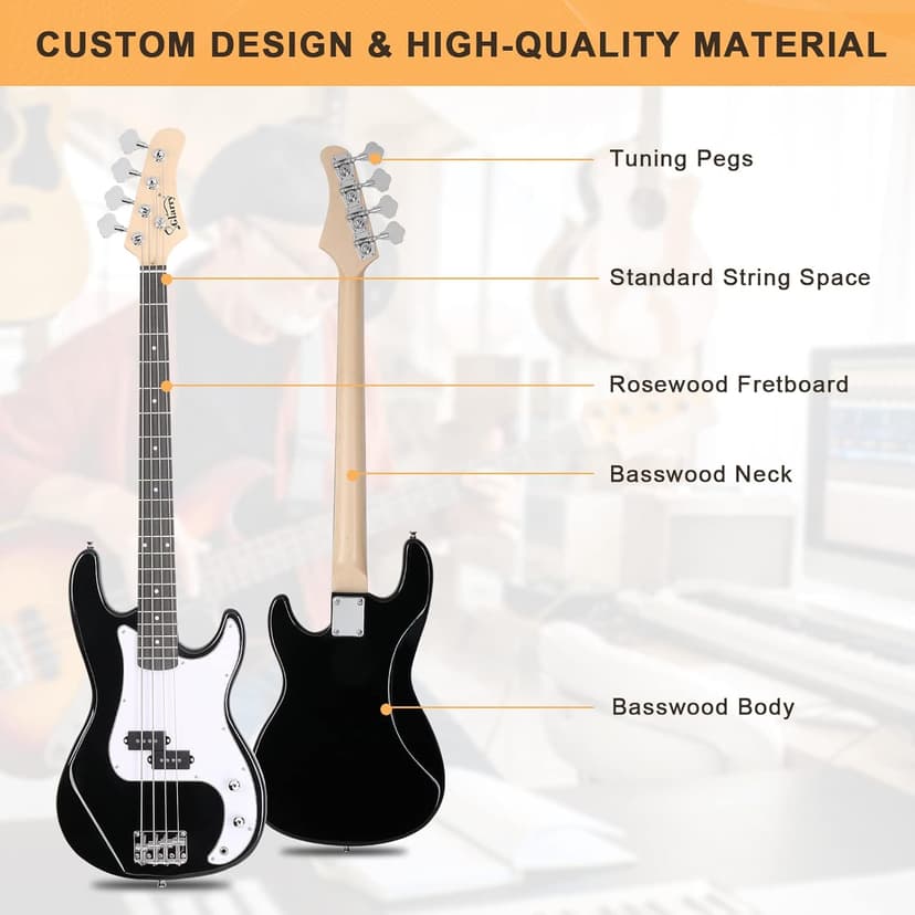 GLARRY Full Size Electric Bass Guitar Beginner Kit 4 String Exquisite Basswood Bass with 20W AMP, Cable, Strap, Bag and Accessories (Black, 39"Right Handed)