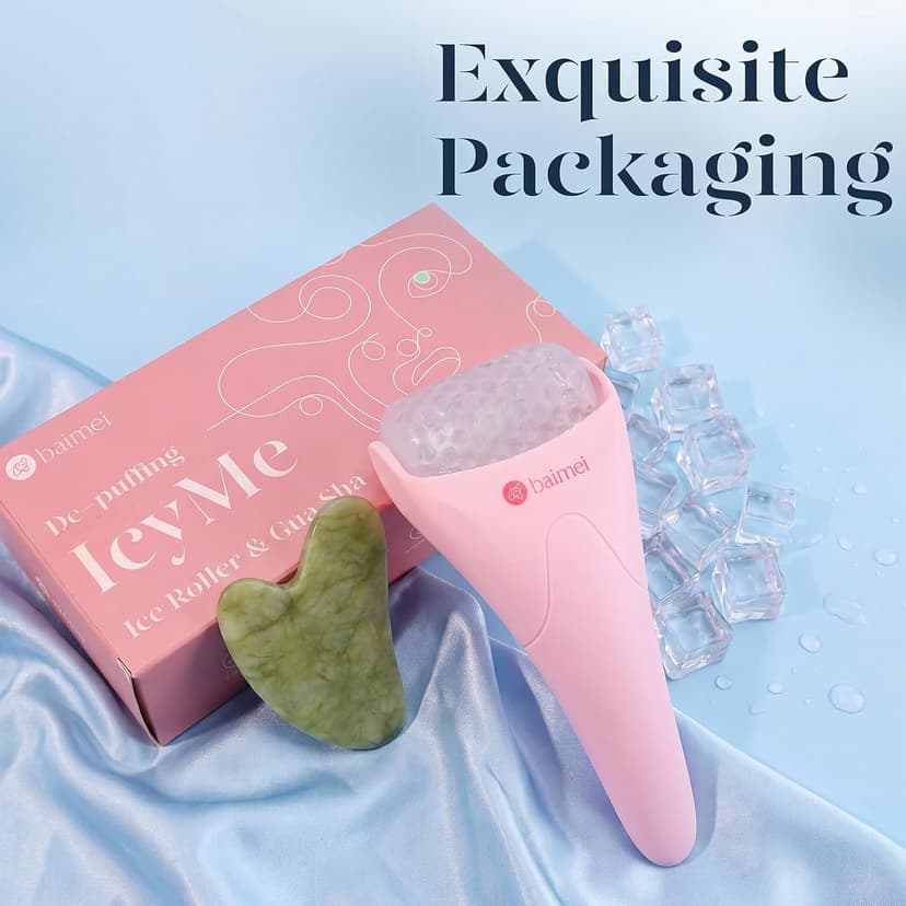 BAIMEI IcyMe Ice Roller for Face and Gua Sha Facial Tool Set, Ice Face Roller Reduces Puffiness Relieves Migraines Skin Care Tools, Self Care Gift for Women - Pink