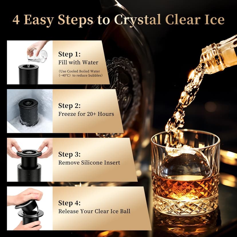 Clear Ice Ball Maker for Whiskey: 2.5" Crystal Clear Ice Maker - Large Ice Sphere Maker for Bourbon & Cocktails - Easy Release Silicone Ice Cube Maker for Home Bar