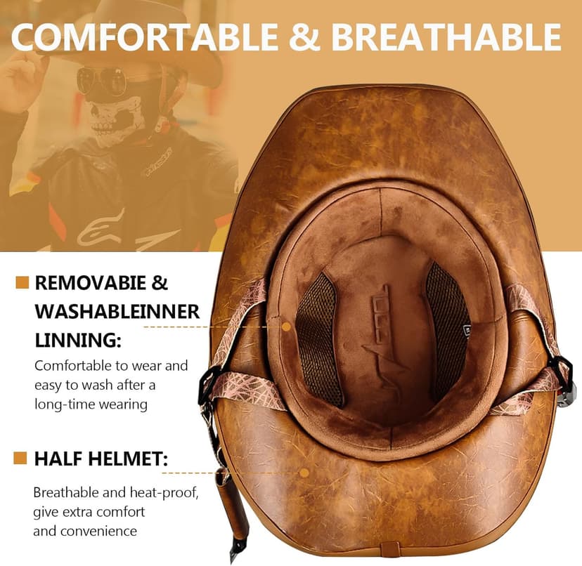 Retro Motorcycle Half Helmet, Western Cowboy Hat Helmet Open Face Motorcycle Helmet DOT Approved Unisex-Adult Half Helmet with Quick Release Buckle and Lining for Mopeds Horse Riding Jazz Caps