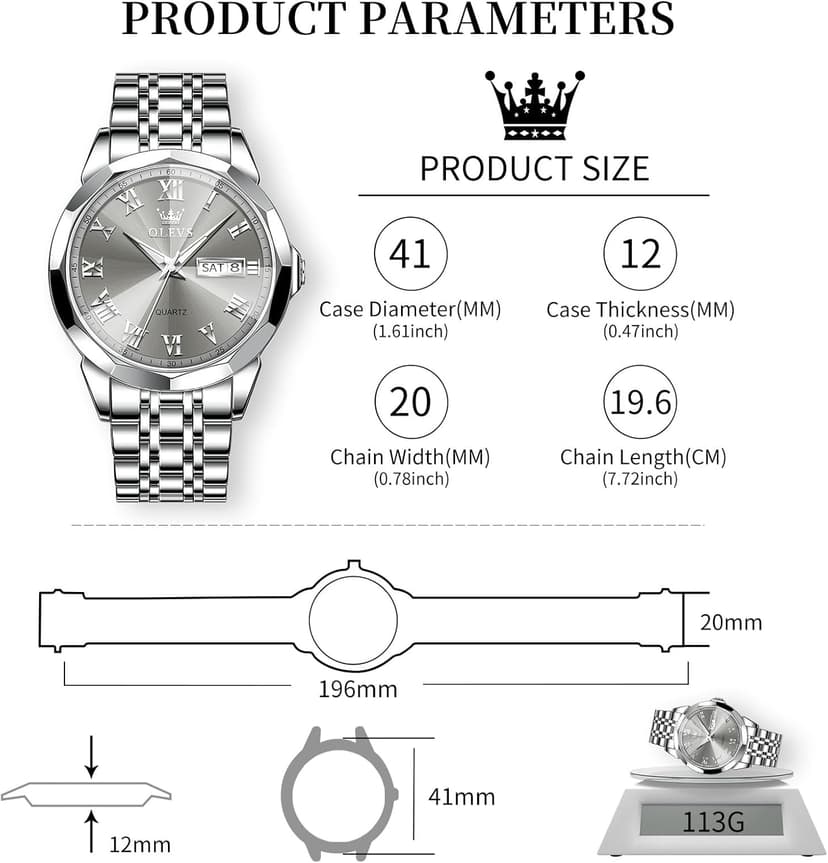 OLEVS Mens Silver Watches Luxury Waterproof Silver Watch for Men Analog Quartz Stainless Steel Men's Dress Watches Classic Casual Wrist Watch Large Face with Date Relojes para Hombres