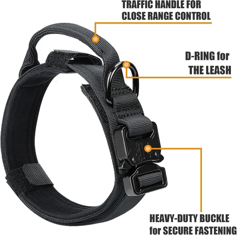 Tactical Dog Collar and Bungee Leash,Military Dog Collar & Leash Set with USA American Flag Adjustable K9 Collar with Heavy Duty Metal Buckle & Handle,with Patches and Airtags Case (L, Black)