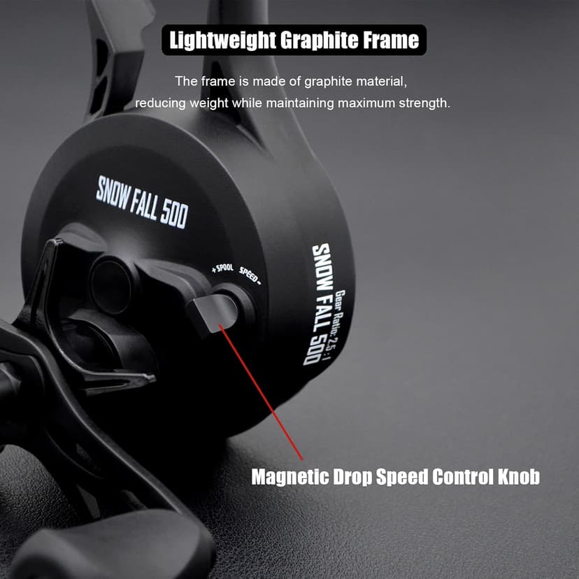 CAMEKOON Snow Fall 500 Inline Ice Fishing Reel, 3+1 Ball Bearings and 2.5:1 Gear Ratio, Magnetic Drop Speed Control, Free Spool Release Trigger, CNC-Machined Aluminum Spool, Smooth Carbon Drag