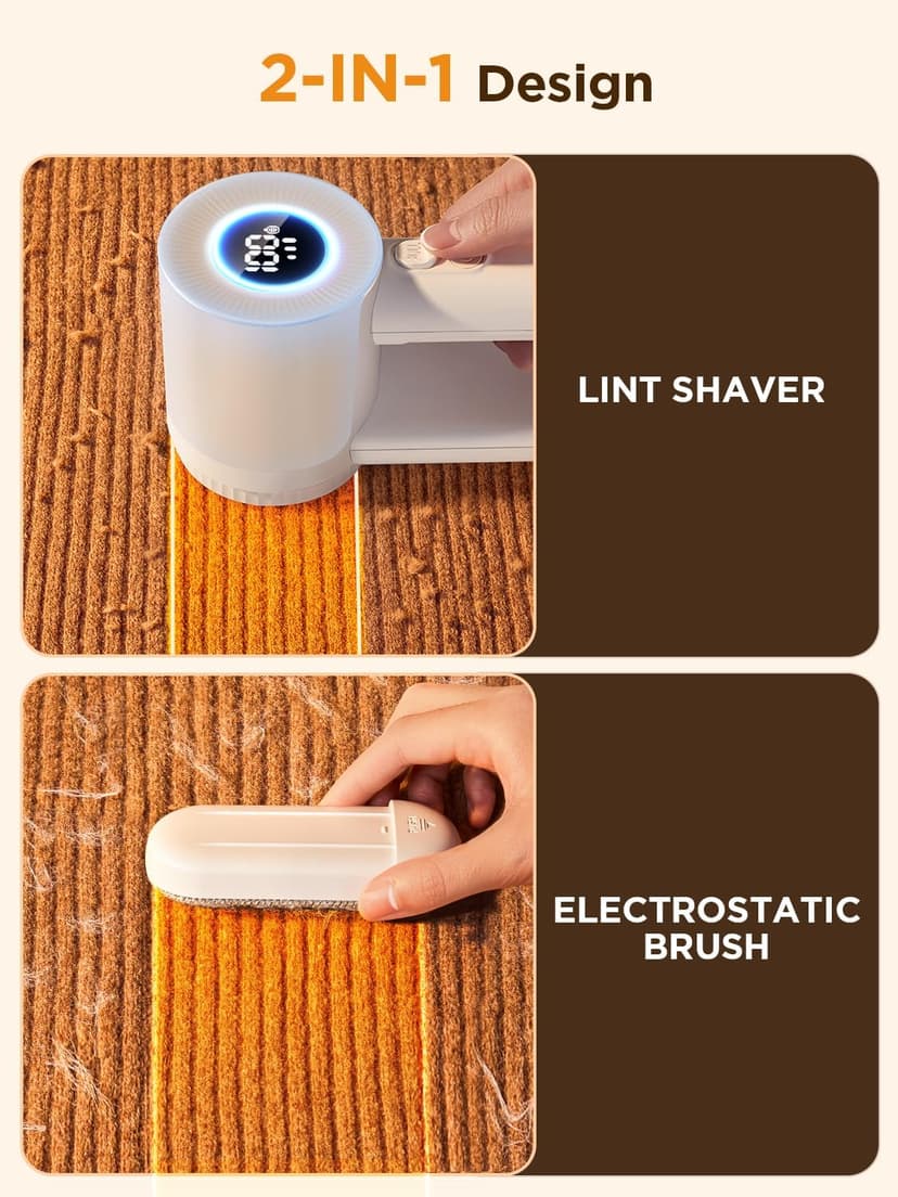 Rechargeable Fabric Shaver, Lint Remover for Clothes, Lint Shaver 6-Leaf Blades, 3-Speeds Lint Shaver with LED Display for Effortless Fuzz & Pill Removal for Clothes, Sweaters, Furniture, White