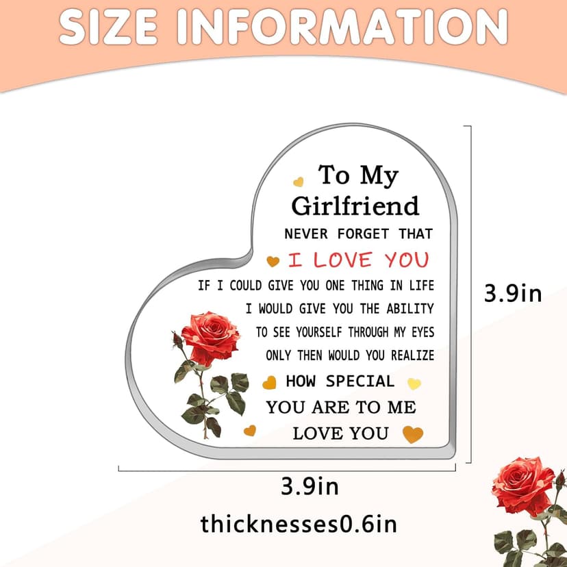 To My Girlfriend I Love You Floral Rose Sign Valentines Christmas Birthday Anniversary Present Bedroom Office Decor for Her Heart Shaped Acrylic Desk Plaque Romantic Gifts for Girlfriend Women