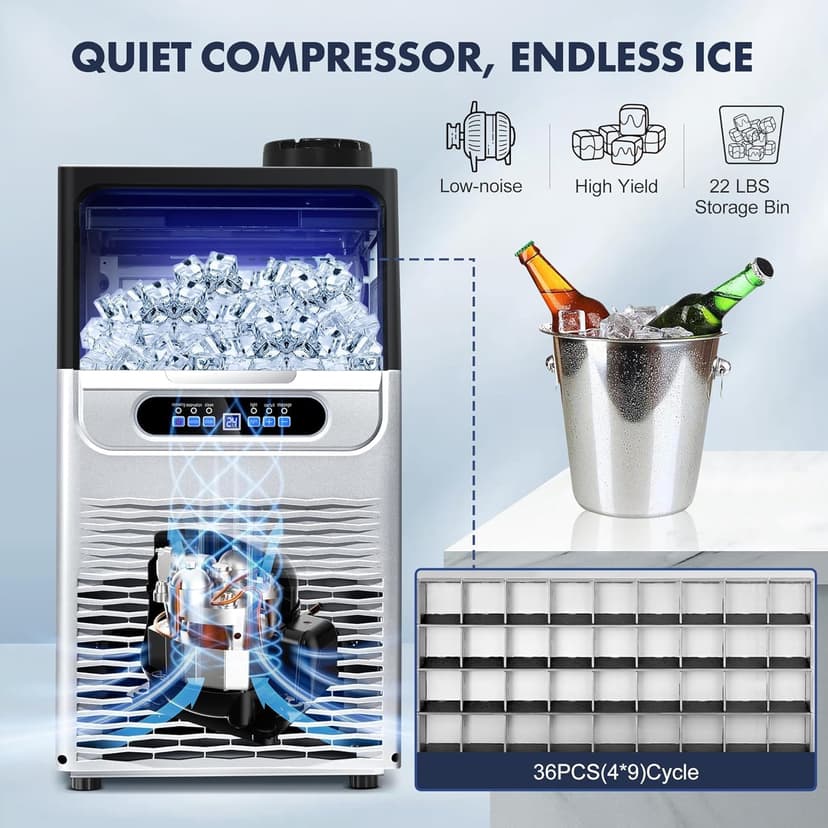 100LBS/24H Commercial Ice Maker Machine, Dual Water Inlet Under Counter or Freestanding Ice Machine, 36 Cubes/Cycle with 22LBS Storage for Home, Bar, Restaurant, Coffee Shop